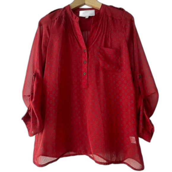 Alice Blue Stitch Fix Red Navy Native American pattern Long Sleeve Blouse Sz SP - Picture 14 of 14